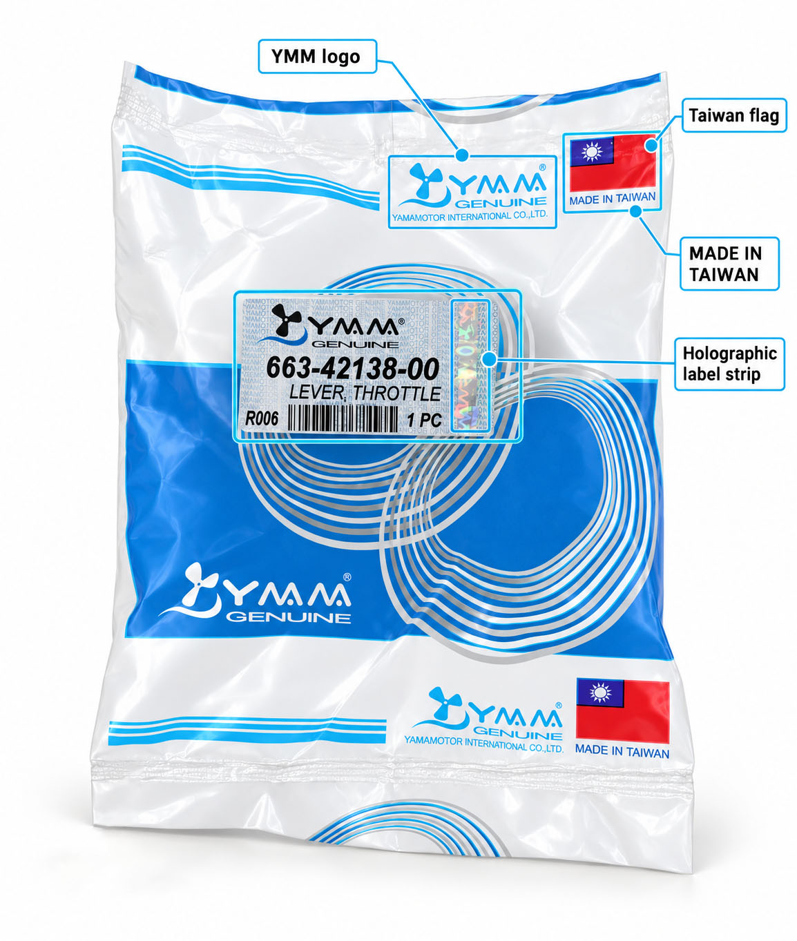 Feature callout image for YAMAMOTOR Genuine plastic bag packaging